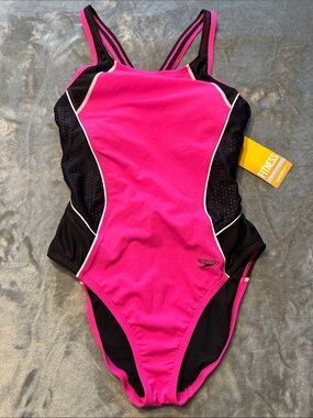 NWTS Speedo Pink and Black Athletic One-Piece Swimsuit Sz 14